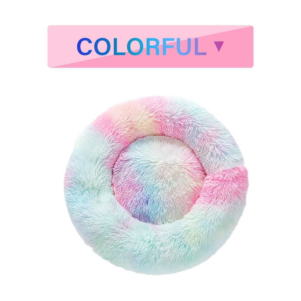Fluffy Donut Dog & Cat Bed – Calming Long Plush Cushion, Washable, S–XL