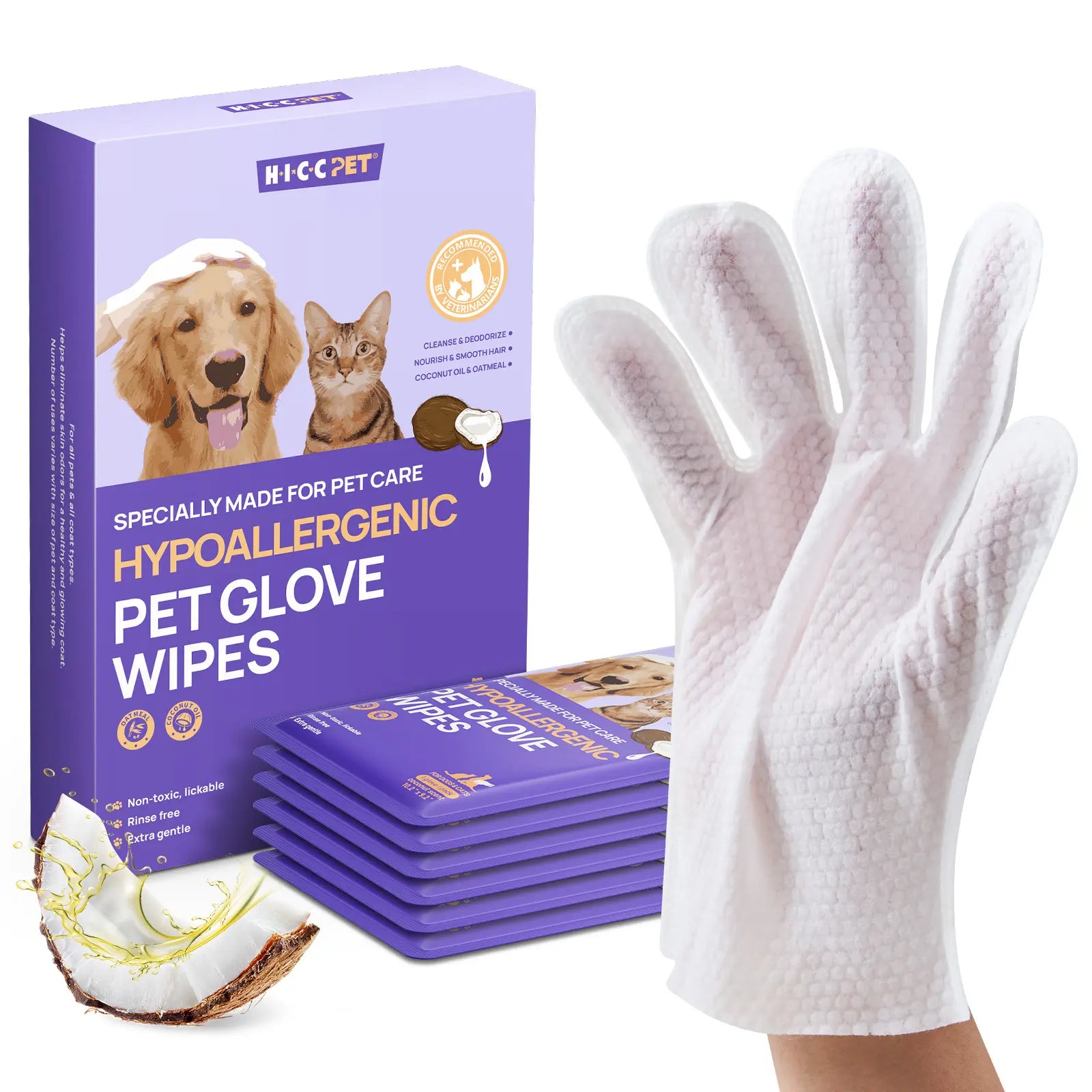 HICC PET 20Pcs Dog Grooming Wipes - No-Rinse Hypoallergenic Glove Wipes with Fermented Oils for Hair Removal, Deodorizing, Skin Hydration, Bath-Free Dog Grooming#Sohochic