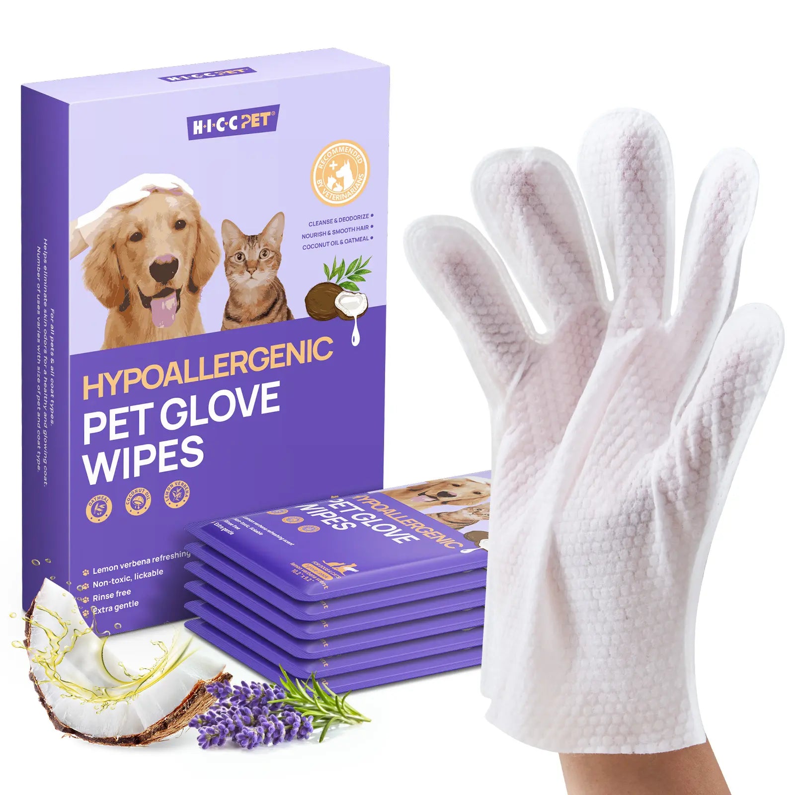 HICC PET 20Pcs Dog Grooming Wipes - No-Rinse Hypoallergenic Glove Wipes with Fermented Oils for Hair Removal, Deodorizing, Skin Hydration, Bath-Free Dog Grooming#Sohochic