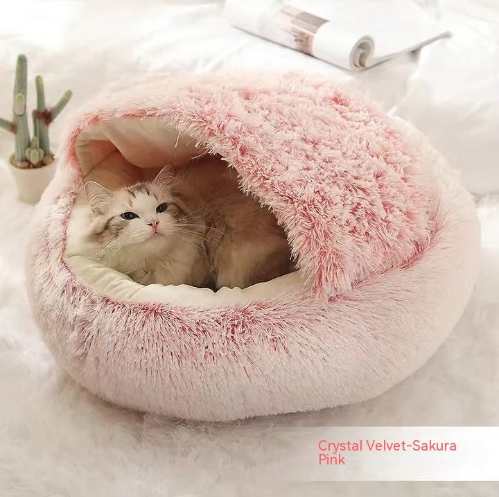 2-in-1 Plush Pet Bed & House – Warm Winter Round Bed, 40–100 cm