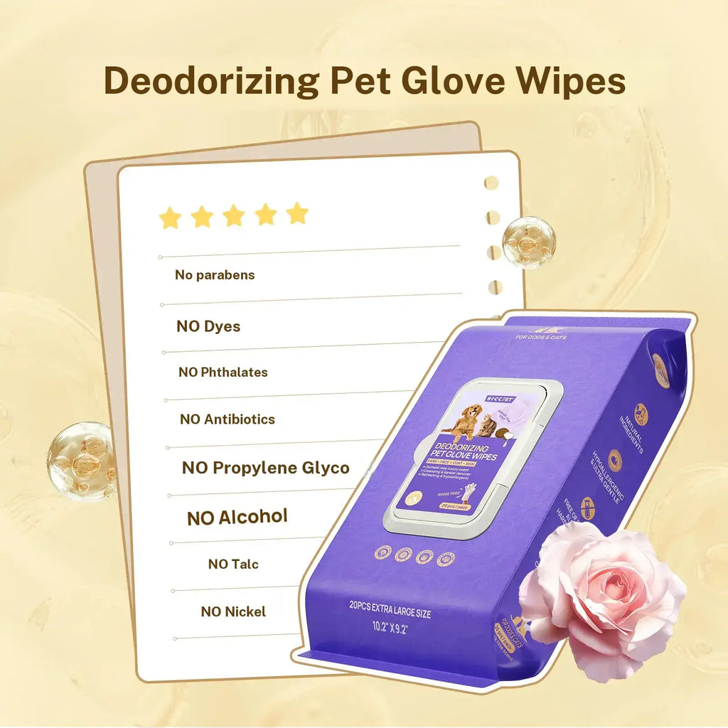 HICC PET 20Pcs Dog Grooming Wipes - No-Rinse Hypoallergenic Glove Wipes with Fermented Oils for Hair Removal, Deodorizing, Skin Hydration, Bath-Free Dog Grooming#Sohochic