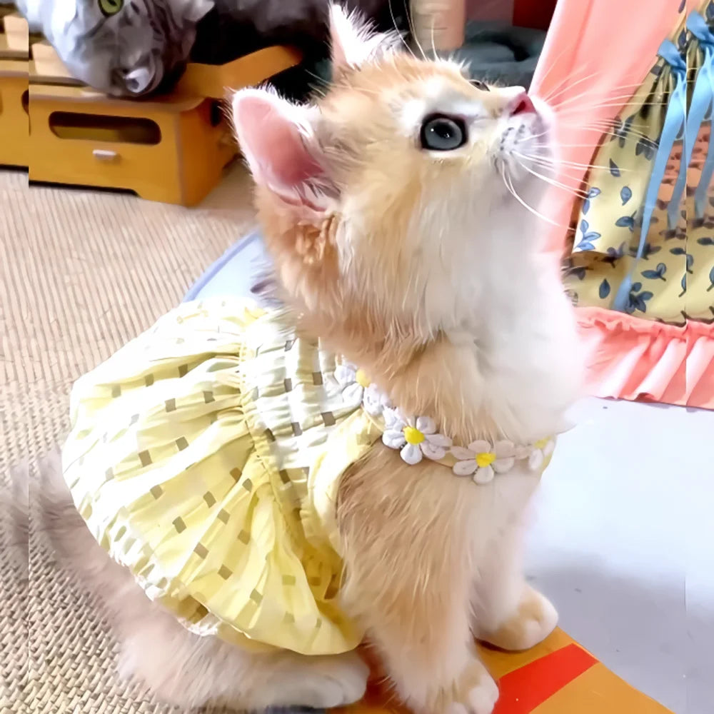 Yellow Floral Wreath Collar Mini Dog Princess Dress Cute Small Cat Skirt Thin Pretty Small Cat Dress Breathable Cat Skirt
